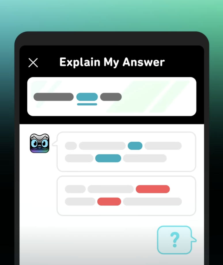 言語学習アプリユーザーインターフェイス。吹き出しがあってユーザーが質問している